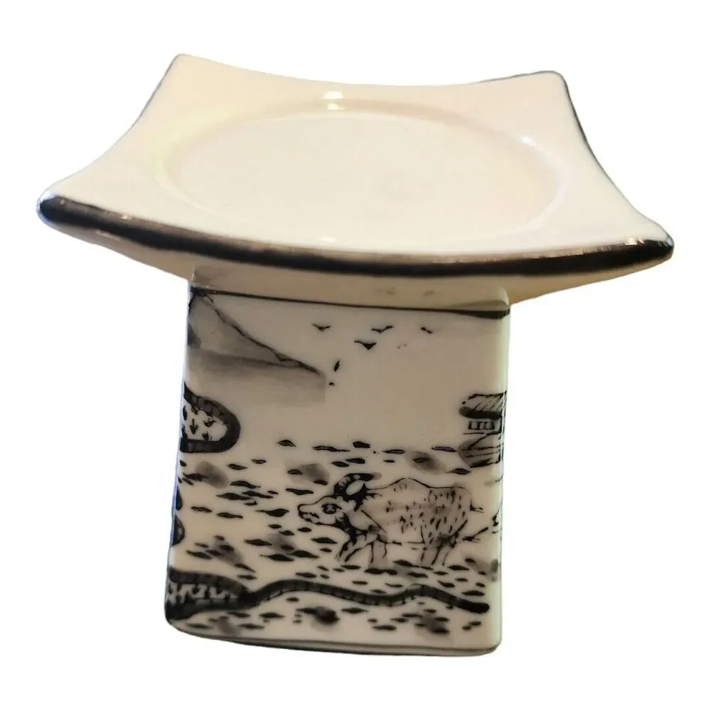 Vintage Asian Village Black Cream Square‎ Transfer Ware Candle Holder Set